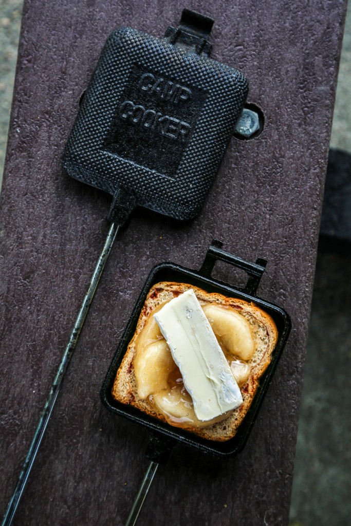 Cinnamon bread with canned apple pie filling and brie cheese.