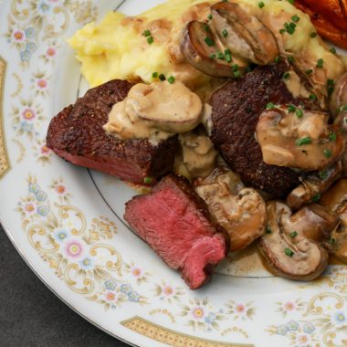 Venison loin with whisky and mushroom cream sauce.