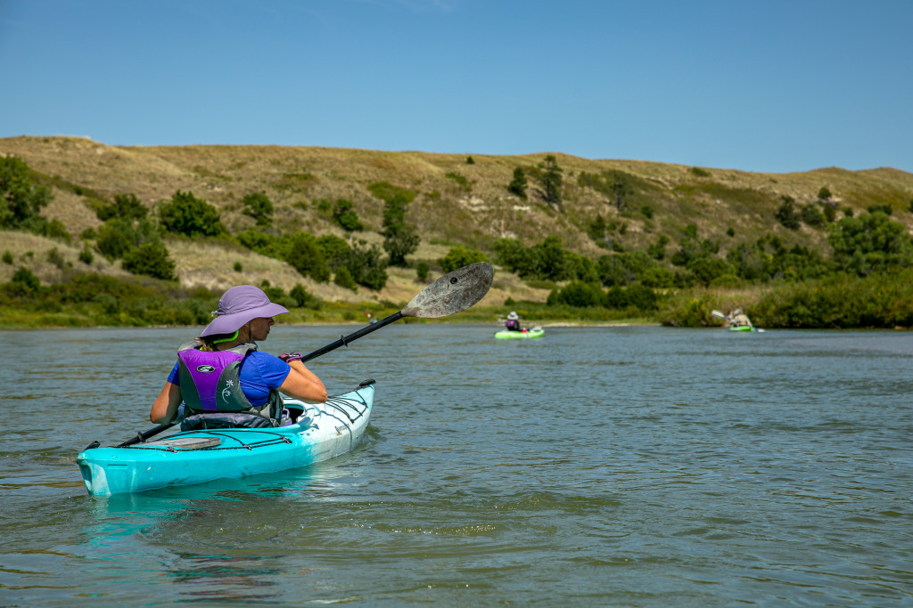 A woman kayaking.