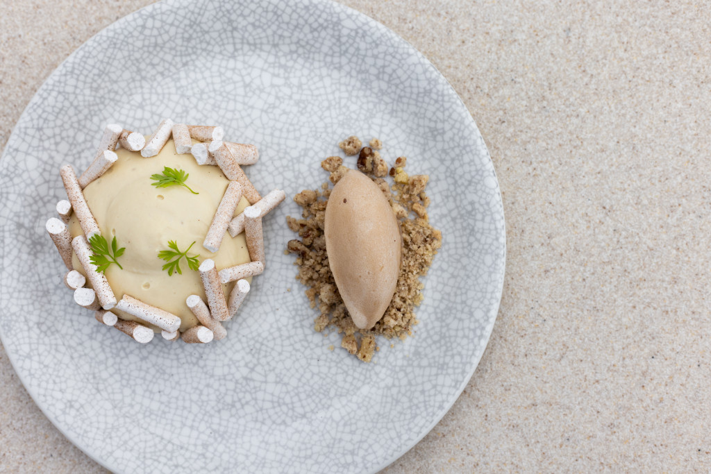 Sweet potato cake with hay custard, vanilla pecan crumble, cinnamon meringue and clove sorbet.