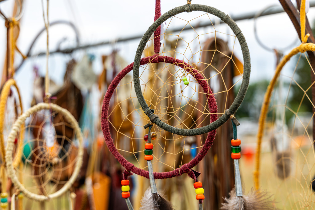 Dreamcatchers for sale at a powwow.