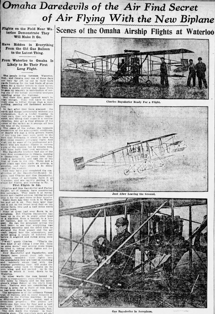 A newspaper clipping shows a story and three photos from Omaha airship flights