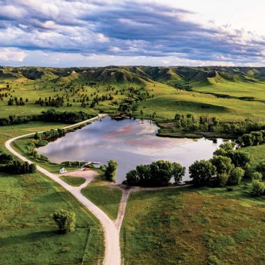 Aerial view of Carter P. Johnson Lake at Fort Robinson State Park in Nebraska