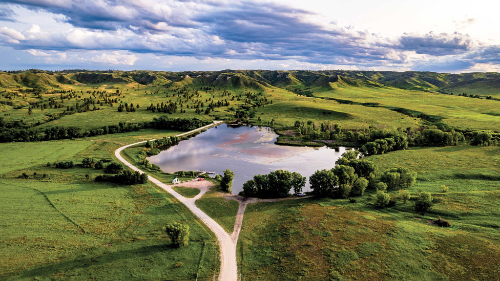 Aerial view of Carter P. Johnson Lake at Fort Robinson State Park in Nebraska