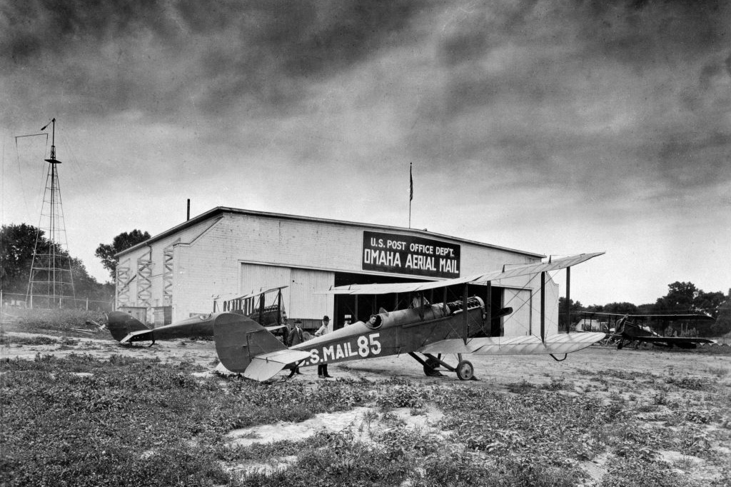 Black and white photo of De Havilland DH-4 airmail planes at Omaha’s Ak-Sar-Ben Field near 60th and Center streets, circa 1922.