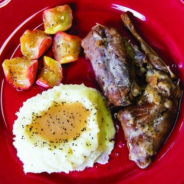 A close-up of rabbit-based Hasenpfeffer recipe, mashed potatoes with gravy, and veggies on a plate.