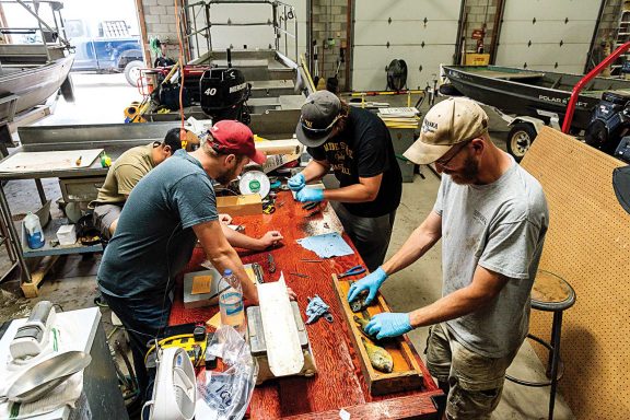 A group of men conduct fish research in a garage