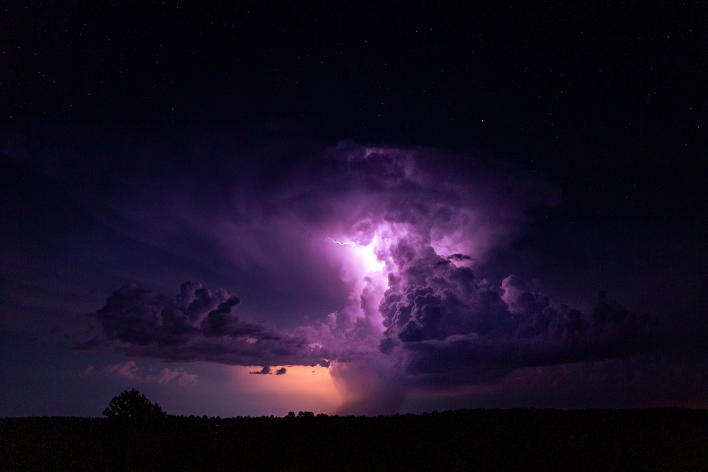 A storm rages in the Nebraska National Forest with a dazzling display of lights.