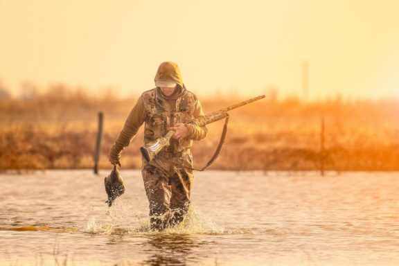 A man wades through water carrying a duck he shot while waterfowl hunting