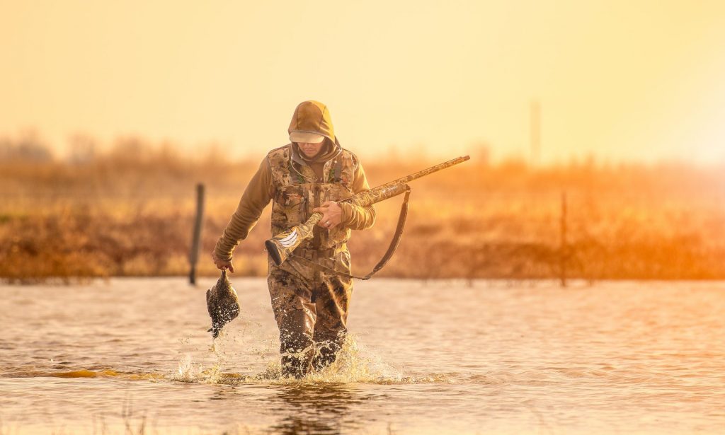 A man wades through water carrying a duck he shot while waterfowl hunting