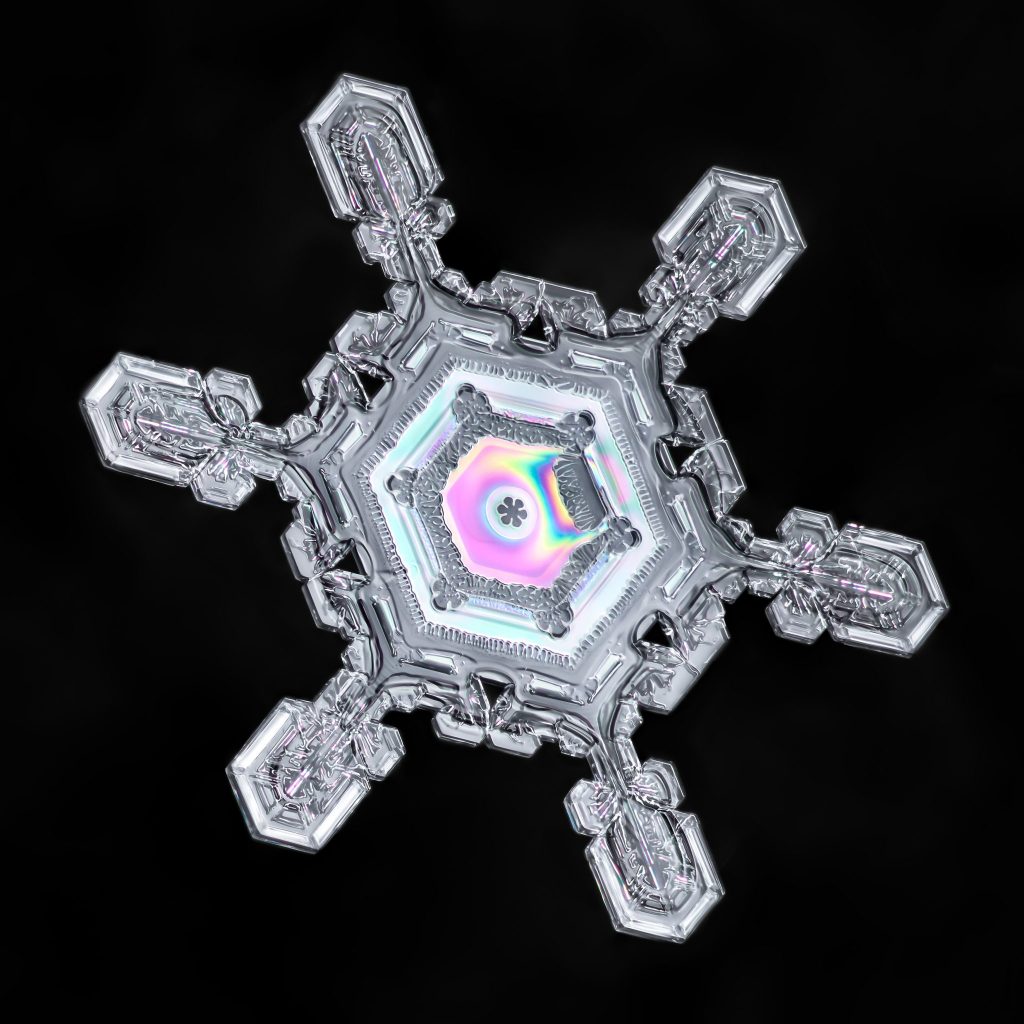 A macro photo of a snowflake.