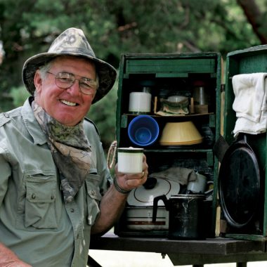 Dick Turpin poses with camping gear.