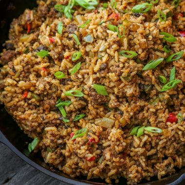 Venison rice made with liver and Cajun spices.