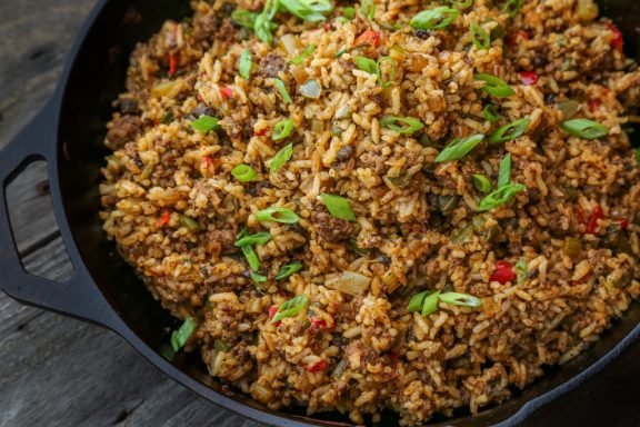 Venison rice made with liver and Cajun spices.