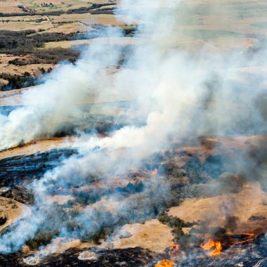 Aerial view of prescribed fires across the landscape to control eastern redcedar.