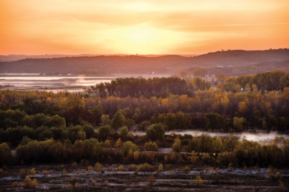 View of the Missouri and Niobrara river confluence from Niobrara State Park in fall.