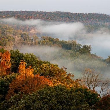 Bird's eye view of a colorful, foggy forest during autumn.