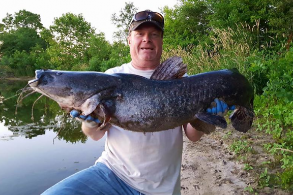 A man holds up a large flathead catfish at the edge of a sandpit lake.