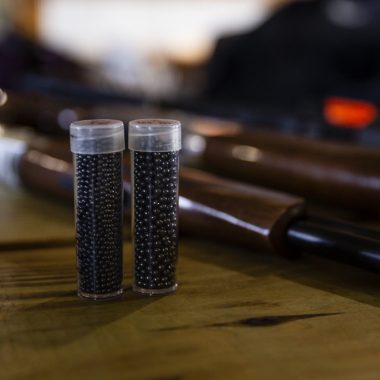 Shotgun shell pellets and a shotgun in the background.