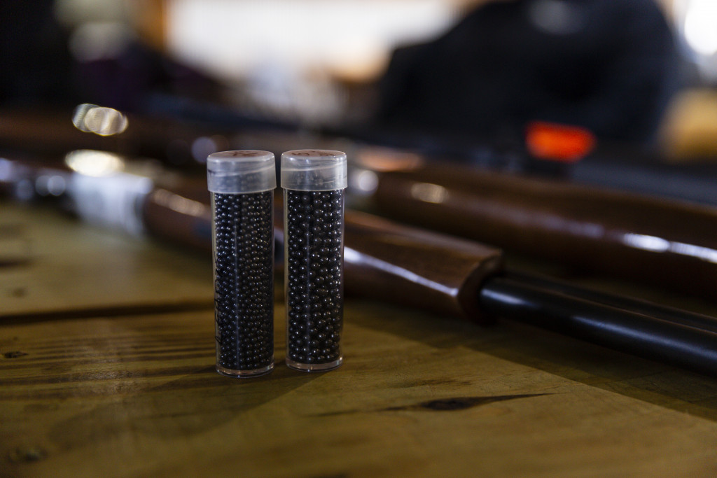 Shotgun shell pellets and a shotgun in the background.