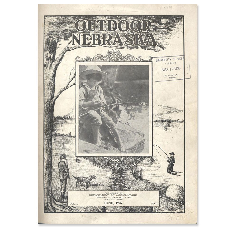 Front cover of the first issue of Outdoor Nebraska Magazine (now Nebraskaland Magazine) published in June, 1926 featuring a black and white illustrations of outdoor recreation