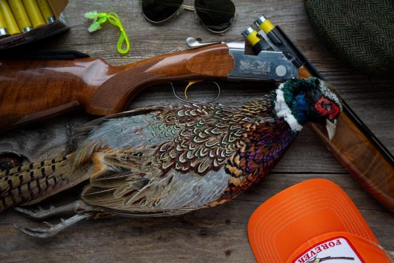 Beretta Whitewing 20 gauge over-under shotgun with upland hunting accessories.