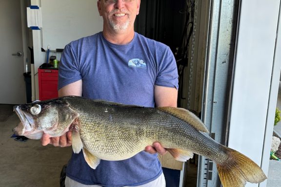 Man with 2023 state record walleye.