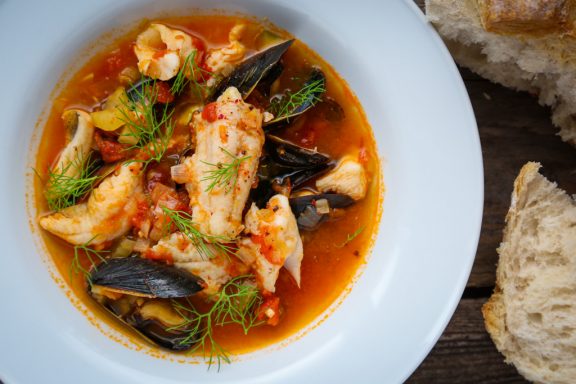 Fish stew made of walleye and mussels.