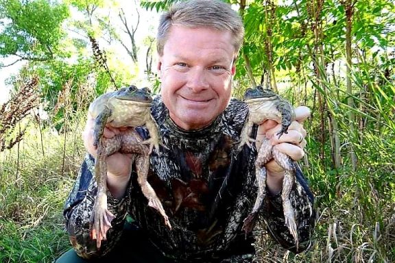 I man wearing camo holds two large American bullfrogs outdoors.