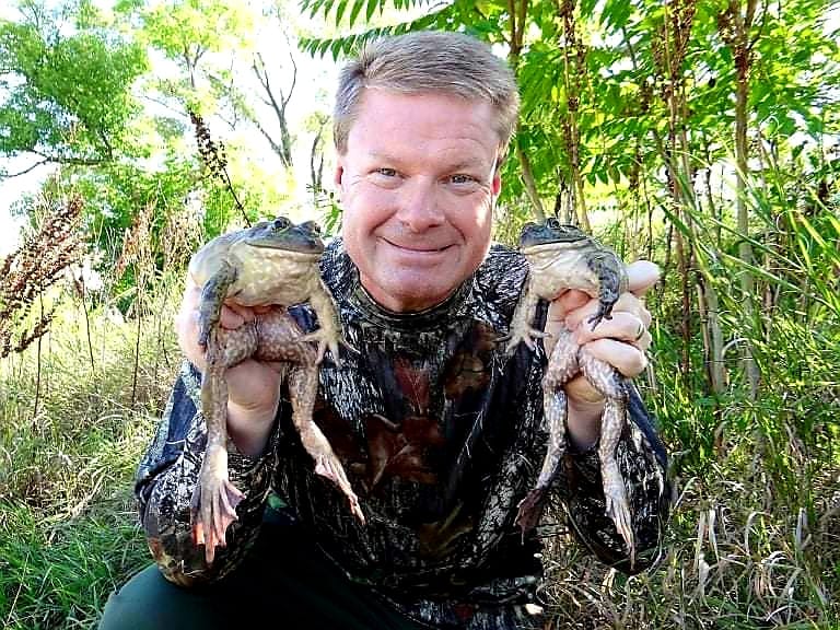 I man wearing camo holds two large American bullfrogs outdoors.