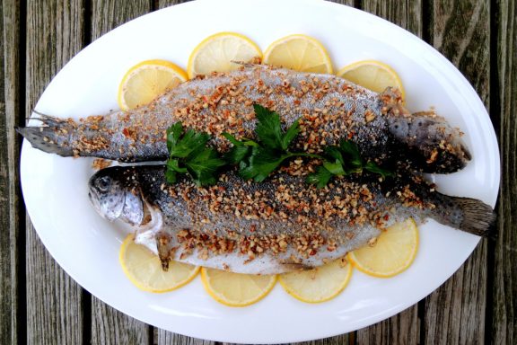 Rainbow trout sauteed with hazelnut crust.