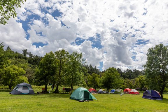 A group of tents in campgrounds at a state park.