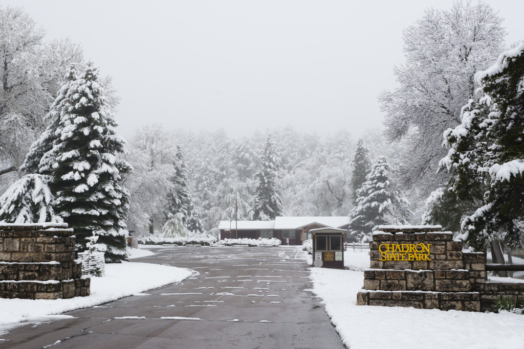 Chadron State Park entrance after a winter snowfall.