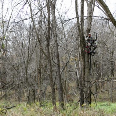 A hunter sits in a deer tree stand in a forest.