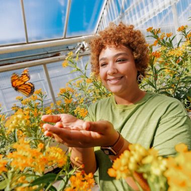 a woman stands among yellow-orange flowers and releases a monarch